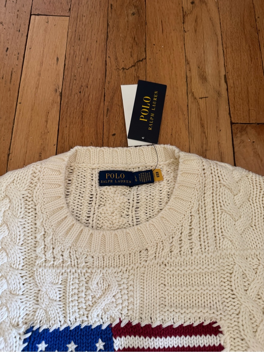 Polo by Ralph Lauren Cream Cable-Knit Sweater with American Flag USA - Picture 6 of 12